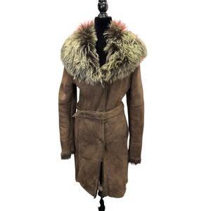 Faux Shearling Coat with Oversized Faux Fur Collar, Belted, Size Medium Brown